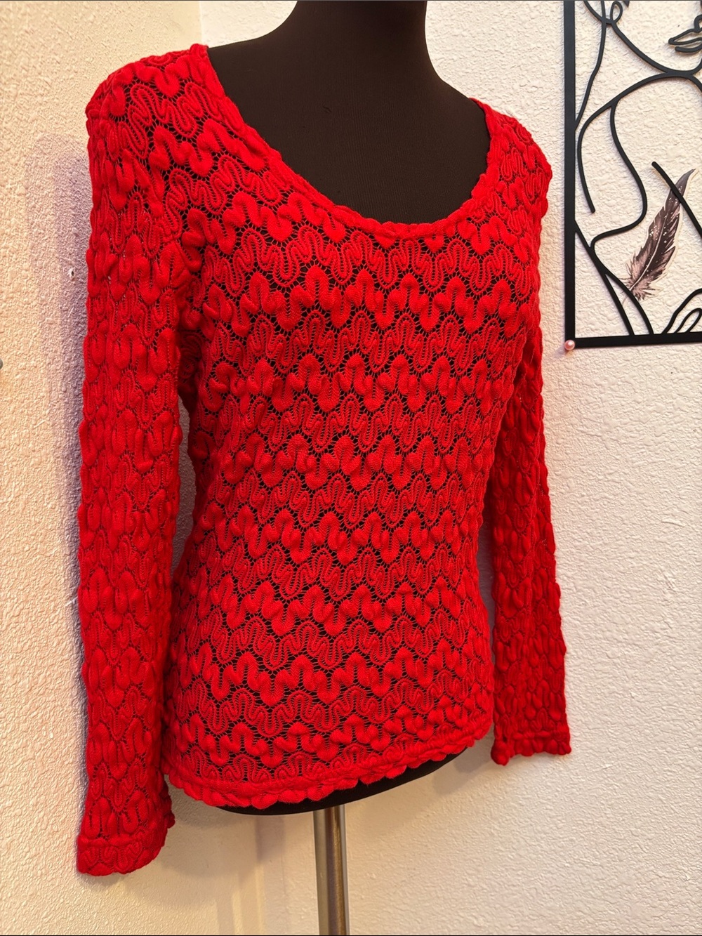 Vintage 1990’s Smash Red Open-Cotton Knit Scoop Neck Long Sleeve Top. Size M